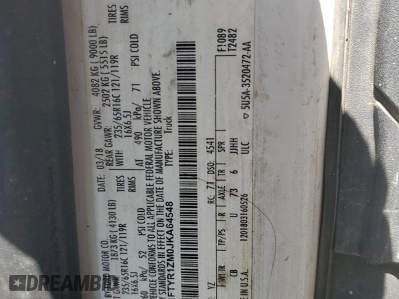 2018 Ford Transit with VIN 1FTYR1ZM0JKA64548, listed as a Copart auction lot 61365555 with 176,689 mi miles and Clean title. Bid and sale history available at DreamBid. Image 12.