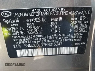 2017 Hyundai Santa Fe 2.4L z VIN 5NMZUDLB7HH015347, wystawiony jako IAAI lot #42035606 z przebiegiem 118 305 mil mil oraz . Historia ofert i sprzedaży dostępna na DreamBid. Obrazek 9.
