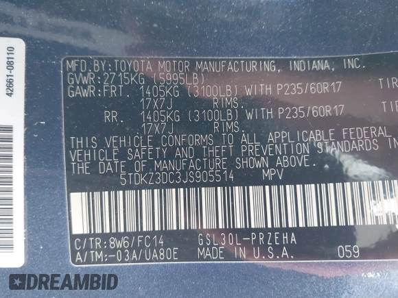 2018 Toyota Sienna LE Auto Access Seat with VIN 5TDKZ3DC3JS905514, listed as a IAAI auction lot 41591539 with 1 mi miles. Bid and sale history available at carsss.com. Image 9.