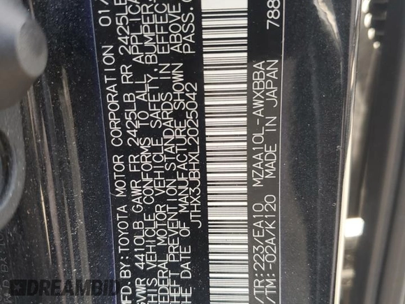 2020 Lexus UX 200 with VIN JTHX3JBHXL2025042, listed as a Copart auction lot 60426705 with 95,568 mi miles and Salvage title. Bid and sale history available at DreamBid. Image 13.
