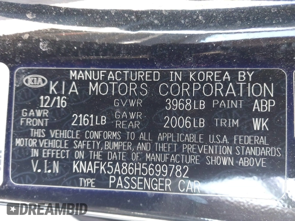 2017 Kia Forte5 LX with VIN KNAFK5A86H5699782, listed as a IAAI auction lot 41996763 with 80,974 mi miles. Bid and sale history available at carsss.com. Image 9.