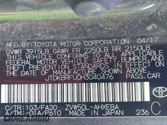 2017 Toyota Prius Two z VIN JTDKBRFU0H3040476, wystawiony jako IAAI lot #41863797 z przebiegiem 51 045 mil mil oraz . Historia ofert i sprzedaży dostępna na DreamBid. Obrazek 9.