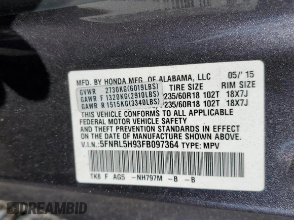 2015 Honda Odyssey Touring Elite с VIN 5FNRL5H93FB097364, выставлен на аукционе Copart как лот 55827425 с пробегом 149 396 миль миль и Списание • Salvage title. История ставок и продаж доступна на DreamBid. Изображение 13.