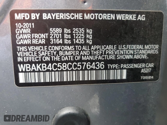 2012 BMW 7 Series 740Li with VIN WBAKB4C58CC576436, listed as a Copart auction lot 41396655 with 117,605 mi miles and Salvage title. Bid and sale history available at DreamBid. Image 12.
