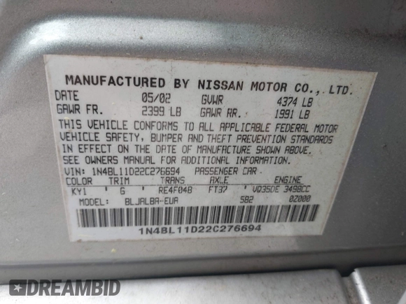 2002 Nissan Altima SE with VIN 1N4BL11D22C276694, listed as a IAAI auction lot 41949577 with 170,000 mi miles. Bid and sale history available at carsss.com. Image 9.