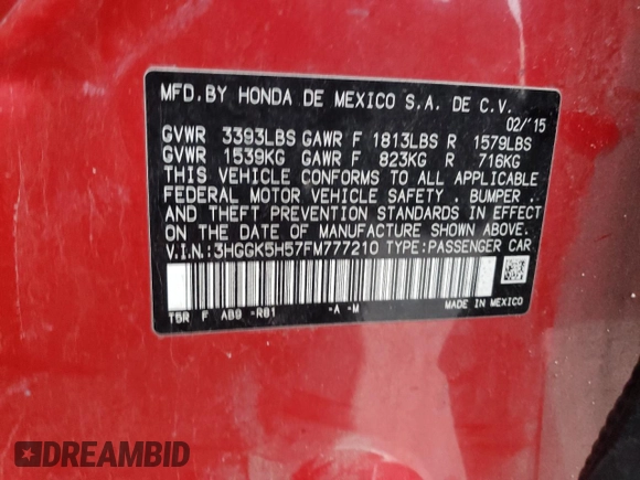 2015 Honda Fit LX with VIN 3HGGK5H57FM777210, listed as a Copart auction lot 43087335 with 96,147 mi miles and Salvage title. Bid and sale history available at DreamBid. Image 16.