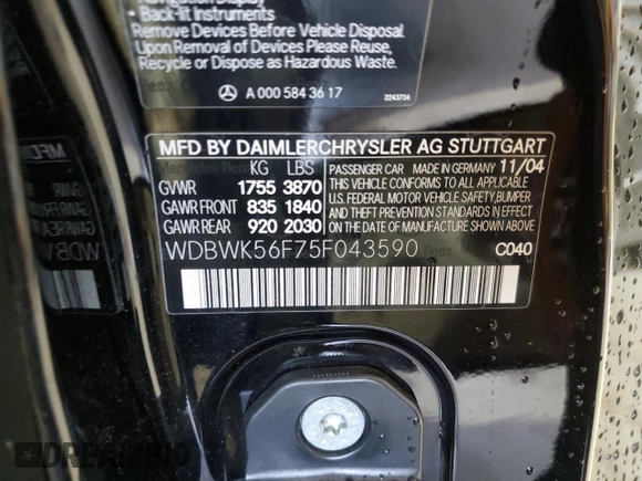 2005 Mercedes-Benz SLK 230/320 z VIN WDBWK56F75F043590, wystawiony jako Copart lot #56225515 z przebiegiem 92 473 mil mil oraz Szkoda całkowita • Salvage title. Historia ofert i sprzedaży dostępna na DreamBid. Obrazek 12.