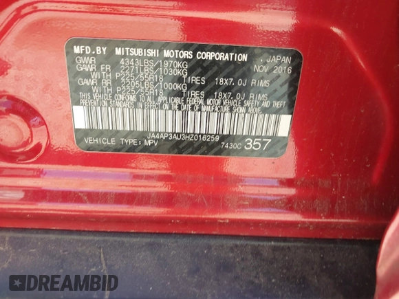 2017 Mitsubishi Outlander ES z VIN JA4AP3AU3HZ016259, wystawiony jako IAAI lot #42045220 z przebiegiem 182 159 mil mil oraz . Historia ofert i sprzedaży dostępna na DreamBid. Obrazek 9.