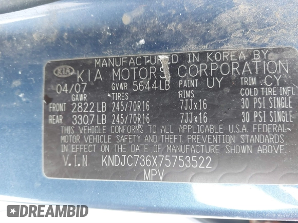 2007 Kia Sorento EX z VIN KNDJC736X75753522, wystawiony jako IAAI lot #41626037 z przebiegiem 220 767 mil mil oraz . Historia ofert i sprzedaży dostępna na DreamBid. Obrazek 9.