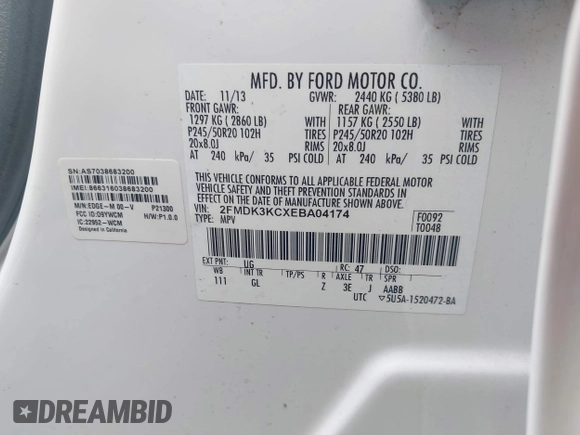 2014 Ford Edge Limited with VIN 2FMDK3KCXEBA04174, listed as a IAAI auction lot 41871170 with 141,193 mi miles. Bid and sale history available at carsss.com. Image 9.