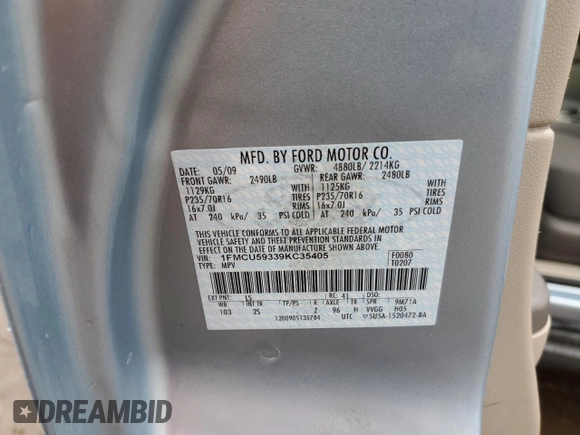 2009 Ford Escape Hybrid with VIN 1FMCU59339KC35405, listed as a Copart auction lot 48243825 with 72,393 mi miles and Salvage title. Bid and sale history available at DreamBid. Image 13.