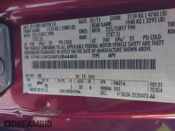 2015 Ford Escape SE with VIN 1FMCU9GX8FUB44465, listed as a IAAI auction lot 41826446 with 184,825 mi miles. Bid and sale history available at carsss.com. Image 9.