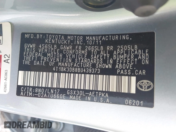 2011 Toyota Avalon with VIN 4T1BK3DB8BU439373, listed as a IAAI auction lot 42604951 with 143,942 mi miles and . Bid and sale history available at DreamBid. Image 9.