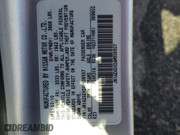 2010 Nissan 370Z Touring with VIN JN1AZ4EH2AM506507, listed as a Copart auction lot 70469504 with 115,594 mi miles and Salvage Title. Bid and sale history available at carsss.com. Image 12.