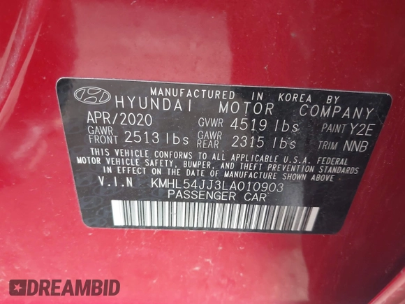 2020 Hyundai Sonata Hybrid Limited with VIN KMHL54JJ3LA010903, listed as a IAAI auction lot 41868242 with 3,138 mi miles. Bid and sale history available at carsss.com. Image 9.