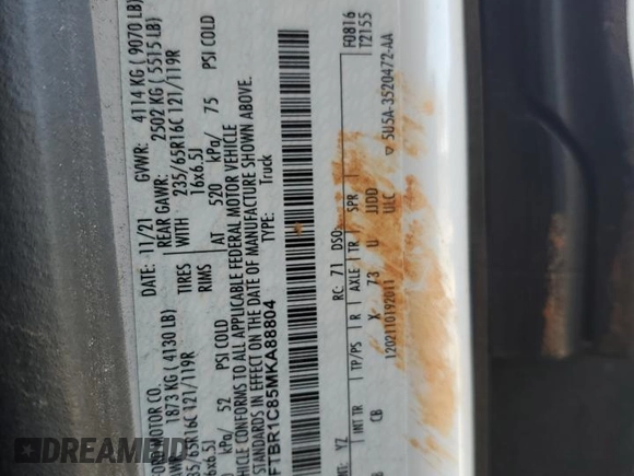 2021 Ford Transit Cargo with VIN 1FTBR1C85MKA88804, listed as a Copart auction lot 69792534 with Not Provided miles and Salvage Title. Bid and sale history available at DreamBid. Image 13.