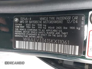 2005 BMW 3 Series 325i with VIN WBAEV33415KX11061, listed as a IAAI auction lot 42810241 with 168,338 mi miles and . Bid and sale history available at DreamBid. Image 9.