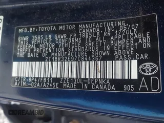 2007 Toyota Corolla CE with VIN 2T1BR32E97C844367, listed as a IAAI auction lot 42190517 with 225,294 mi miles and . Bid and sale history available at DreamBid. Image 9.