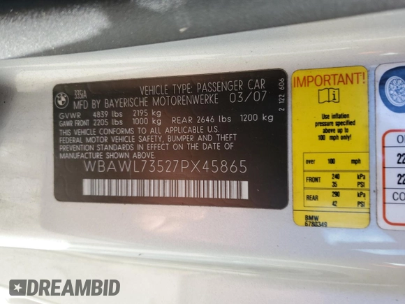 2007 BMW 3 Series 335i with VIN WBAWL73527PX45865, listed as a Copart auction lot 65668275 with 76,926 mi miles and Non repairable. Bid and sale history available at DreamBid. Image 12.