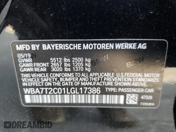 2020 BMW 7 Series 740i with VIN WBA7T2C01LGL17386, listed as a Copart auction lot 49496215 with 44,801 mi miles and Salvage title. Bid and sale history available at DreamBid. Image 12.