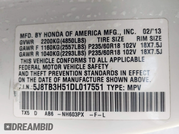 2013 Acura RDX Technology with VIN 5J8TB3H51DL017551, listed as a IAAI auction lot 41464240 with 122,863 mi miles and . Bid and sale history available at DreamBid. Image 9.