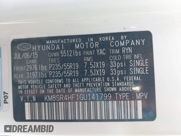 2016 Hyundai Santa Fe SE with VIN KM8SR4HF1GU141799, listed as a IAAI auction lot 41348405 with 99,884 mi miles. Bid and sale history available at carsss.com. Image 9.
