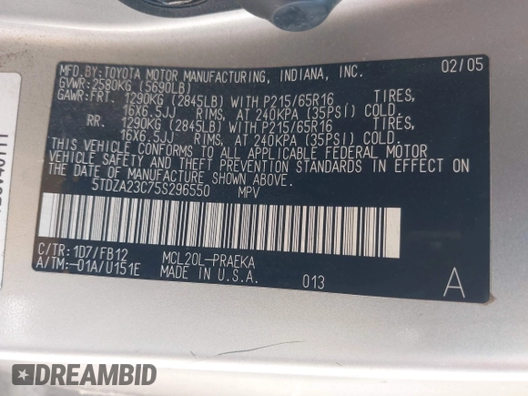 2005 Toyota Sienna CE with VIN 5TDZA23C75S296550, listed as a IAAI auction lot 42609828 with 185,515 mi miles and . Bid and sale history available at DreamBid. Image 9.