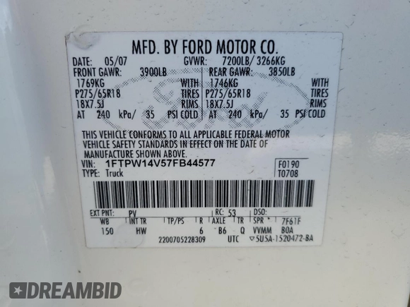 2007 Ford F-150 XLT with VIN 1FTPW14V57FB44577, listed as a Copart auction lot 48031565 with 157,601 mi miles and Salvage Title. Bid and sale history available at carsss.com. Image 12.
