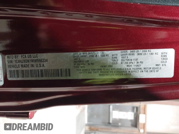 2021 Jeep Wrangler Unlimited Sport S with VIN 1C4HJXDN1MW596334, listed as a IAAI auction lot 41730278 with 64,126 mi miles and . Bid and sale history available at DreamBid. Image 9.