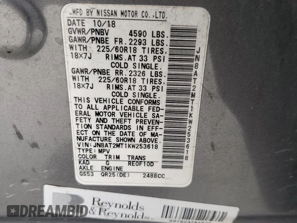 2019 Nissan Rogue SV with VIN JN8AT2MT1KW253618, listed as a Copart auction lot 82229044 with 115,902 mi miles and Salvage Title. Bid and sale history available at carsss.com. Image 13.
