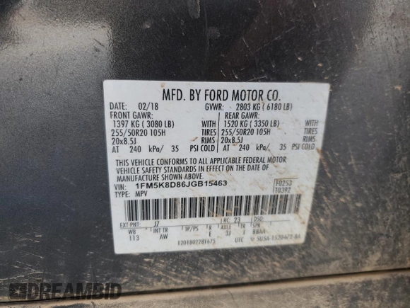2018 Ford Explorer XLT with VIN 1FM5K8D86JGB15463, listed as a Copart auction lot 59992605 with 87,491 mi miles and Salvage title. Bid and sale history available at DreamBid. Image 13.