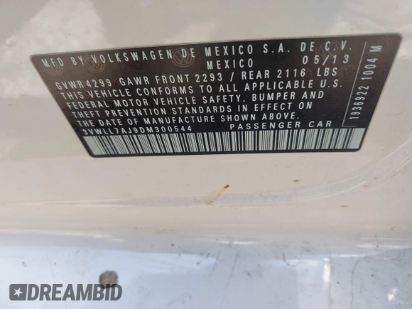 2013 Volkswagen Jetta TDI w/Premium/Nav with VIN 3VWLL7AJ9DM300544, listed as a IAAI auction lot 42401610 with 157,585 mi miles and . Bid and sale history available at DreamBid. Image 9.