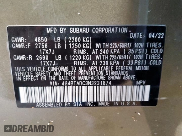 2022 Subaru Outback Premium z VIN 4S4BTADC3N3231874, wystawiony jako Copart lot #63812625 z przebiegiem 53 008 mil mil oraz Czysty tytuł • Clean title. Historia ofert i sprzedaży dostępna na DreamBid. Obrazek 13.