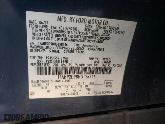 2017 Ford Taurus SE with VIN 1FAHP2D98HG128546, listed as a Copart auction lot 50534655 with 140,661 mi miles and Clean Title. Bid and sale history available at DreamBid. Image 12.