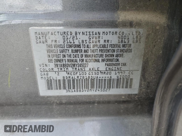 2021 Nissan Sentra SR with VIN 3N1AB8DV2MY245027, listed as a Copart auction lot 44969025 with 109,828 mi miles and Salvage Title. Bid and sale history available at carsss.com. Image 14.