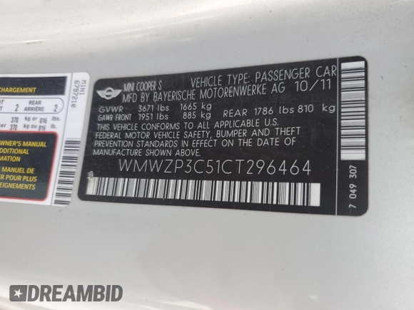 2012 MINI Convertible S z VIN WMWZP3C51CT296464, wystawiony jako Copart lot #64290005 z przebiegiem 107 580 mil mil oraz Szkoda całkowita • Salvage title. Historia ofert i sprzedaży dostępna na DreamBid. Obrazek 13.