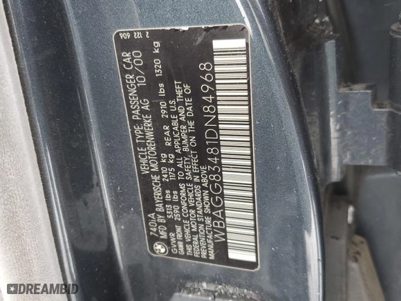2001 BMW 7 Series 740iA with VIN WBAGG83481DN84968, listed as a Copart auction lot 82552834 with 0 mi miles and Non Repairable. Bid and sale history available at carsss.com. Image 13.