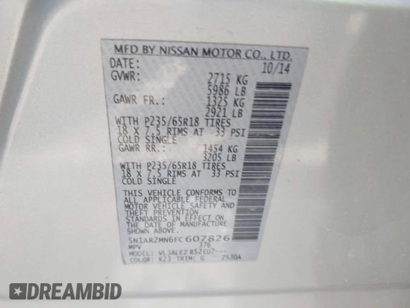 2015 Nissan Pathfinder SV with VIN 5N1AR2MN6FC607826, listed as a IAAI auction lot 42357176 with 176,280 mi miles and . Bid and sale history available at DreamBid. Image 9.