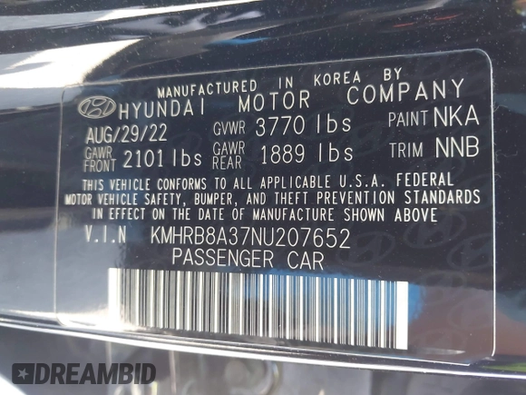 2022 Hyundai Venue SE with VIN KMHRB8A37NU207652, listed as a IAAI auction lot 42536051 with 36,828 mi miles and . Bid and sale history available at DreamBid. Image 9.