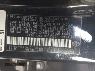 2020 Toyota Camry LE with VIN 4T1C11AKXLU363530, listed as a IAAI auction lot 41670307 with 86,459 mi miles. Bid and sale history available at carsss.com. Image 9.