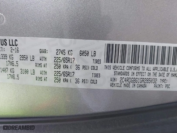 2016 Dodge Grand Caravan Canada Value Package with VIN 2C4RDGBG1GR285032, listed as a IAAI auction lot 41512139 with 108,648 mi miles. Bid and sale history available at carsss.com. Image 9.