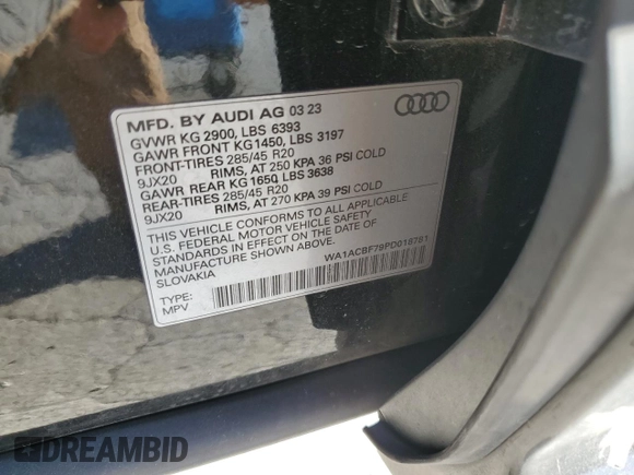 2023 Audi Q7 Premium z VIN WA1ACBF79PD018781, wystawiony jako Copart lot #88761995 z przebiegiem 41 525 mil mil oraz Szkoda całkowita • Salvage title. Historia ofert i sprzedaży dostępna na DreamBid. Obrazek 16.