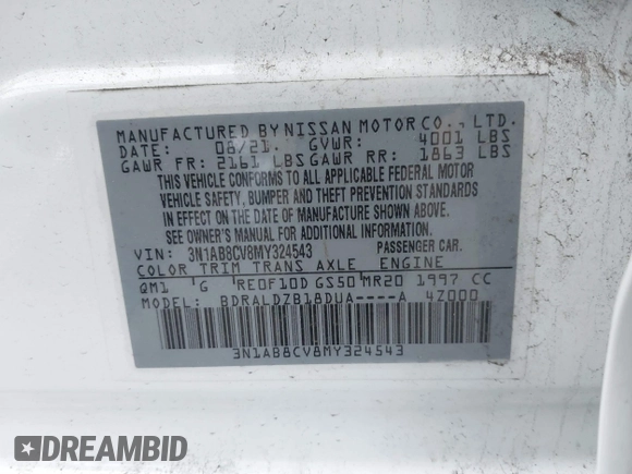 2021 Nissan Sentra SV with VIN 3N1AB8CV8MY324543, listed as a IAAI auction lot 41720057 with 39,381 mi miles and . Bid and sale history available at DreamBid. Image 9.