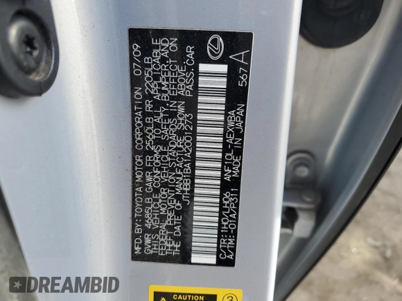 2010 Lexus HS 250h with VIN JTHBB1BA1A2001273, listed as a Copart auction lot 88722845 with 94,446 mi miles and Clean Title. Bid and sale history available at DreamBid. Image 12.
