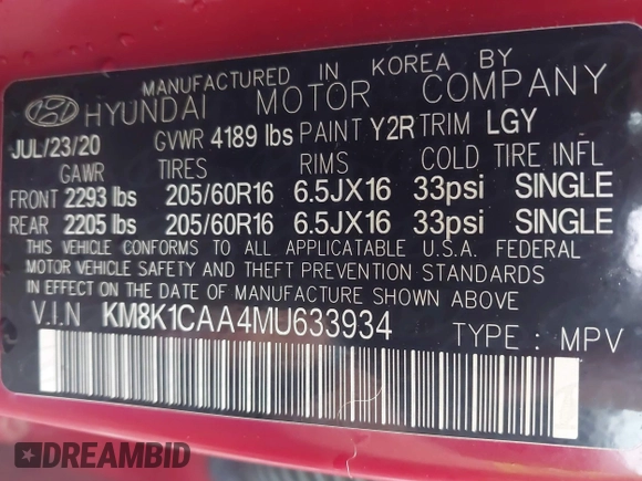 2021 Hyundai Kona SE z VIN KM8K1CAA4MU633934, wystawiony jako IAAI lot #42157313 z przebiegiem 87 714 mil mil oraz . Historia ofert i sprzedaży dostępna na DreamBid. Obrazek 9.