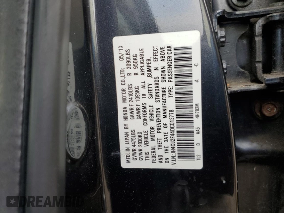 2013 Acura TSX with VIN JH4CU2F44DC013778, listed as a Copart auction lot 59465675 with 167,982 mi miles and Salvage title. Bid and sale history available at DreamBid. Image 12.