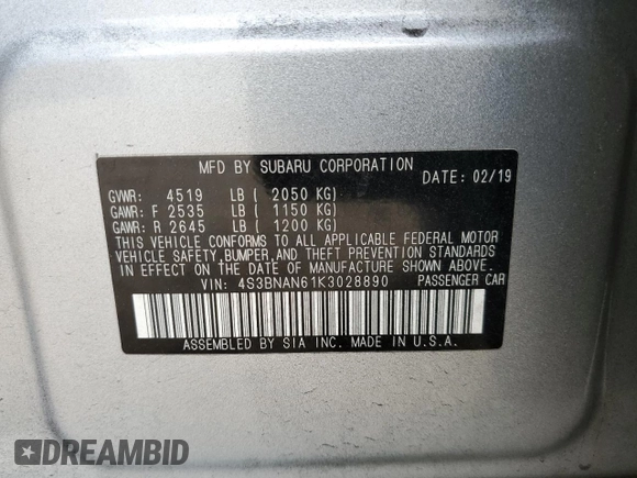 2019 Subaru Legacy Limited with VIN 4S3BNAN61K3028890, listed as a Copart auction lot 44160893 with 81,505 mi miles. Bid and sale history available at carsss.com. Image 12.