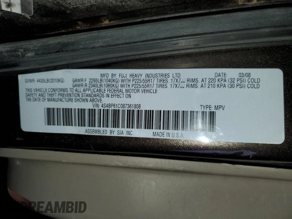 2008 Subaru Outback i z VIN 4S4BP61C087361808, wystawiony jako Copart lot #55209125 z przebiegiem 207 869 mil mil oraz Szkoda całkowita • Salvage title. Historia ofert i sprzedaży dostępna na DreamBid. Obrazek 13.