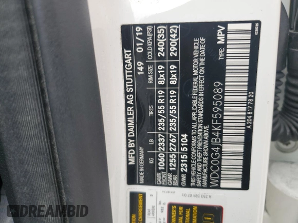 2019 Mercedes-Benz GLC 300 с VIN WDC0G4JB4KF595089, выставлен на аукционе Copart как лот 59836735 с пробегом 69 027 миль миль и На запчасти • Non repairable. История ставок и продаж доступна на DreamBid. Изображение 14.