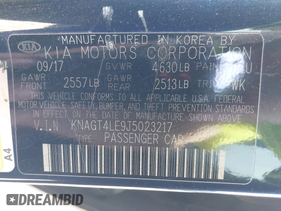 2018 Kia Optima Hybrid Premium with VIN KNAGT4LE9J5023217, listed as a IAAI auction lot 41901781 with 113,196 mi miles. Bid and sale history available at carsss.com. Image 9.